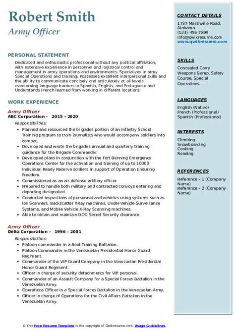 Army Officer Resume Samples Qwikresume