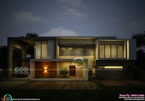 Night View Rendering Of A Contemporary Home Kerala Home Design And