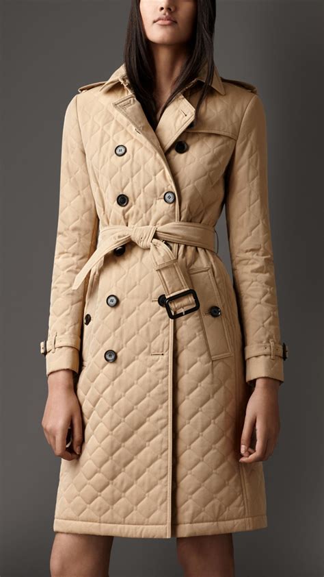 lyst burberry long quilted gabardine trench coat in natural