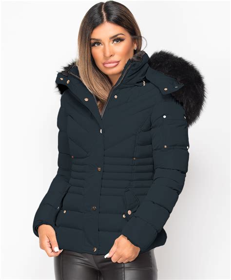 Ladies Women's Quilted Puffer Bubble Padded Jacket Fur Collar Winter ...