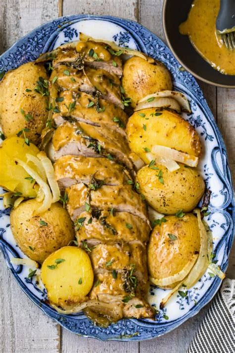 Pork tenderloin simmers in onion soup and red wine that's flavored with garlic and soy sauce. Honey Mustard Pork Tenderloin and Potatoes - The Cookie ...