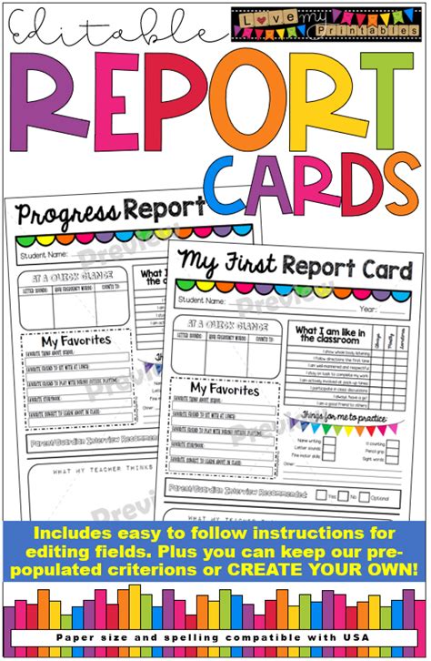 Editable Report Cards For Preschool Kindergarten 1st Grade And 2nd