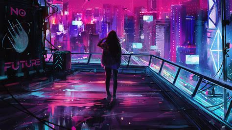Download 3840x2160 Neon City Girl Back View Night
