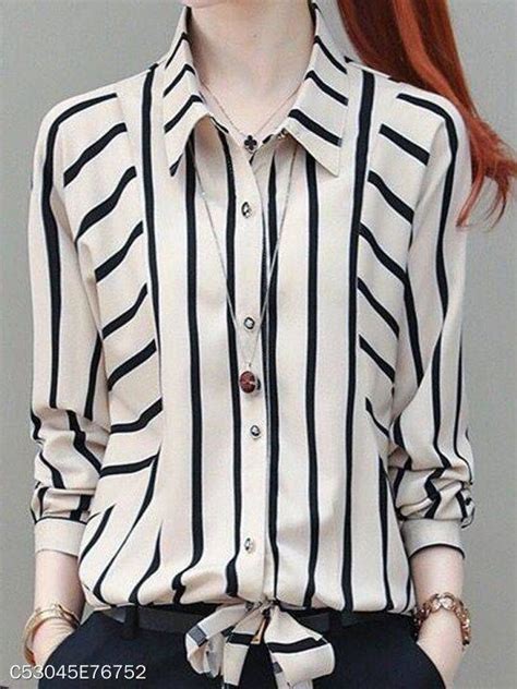 Autumn Spring Polyester Women Turn Down Collar Striped Long Sleeve