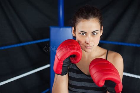 Beautiful Woman In Red Boxing Gloves In The Ring Stock Photo Image Of