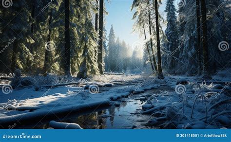 A Winter Wonderland Scene With Trees Snowflakes And Ice Formations
