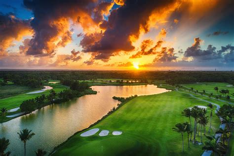 Aerial View Of Tropical Golf Course At Sunset Drone Photography