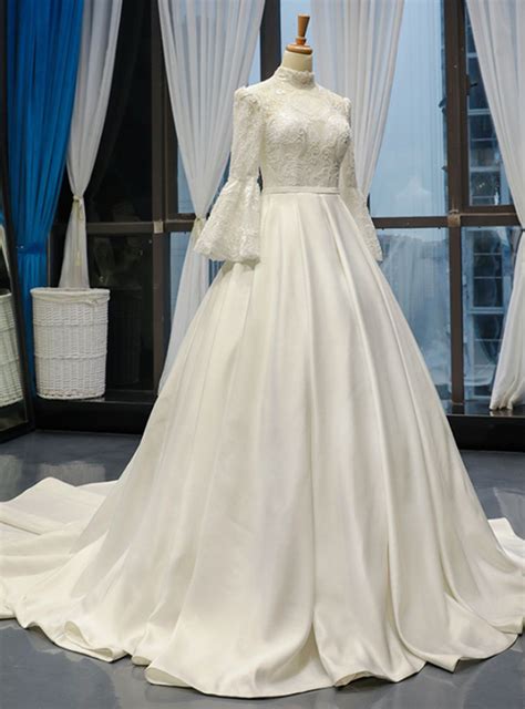 White Ball Gown Satin High Neck Bridal Dressespuff Sleeve Lace