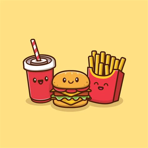 Cute Burger With Soda And French Fries Cartoon Vector Icon Illustration