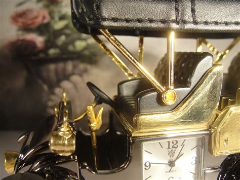 Waterbury Clock Company Antique Model T Gun Metal Chrome Gold Leather