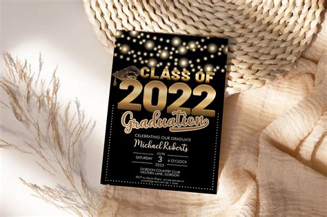 Class Of 2022 Gold Foil Graduation Invitation Printable Template Black