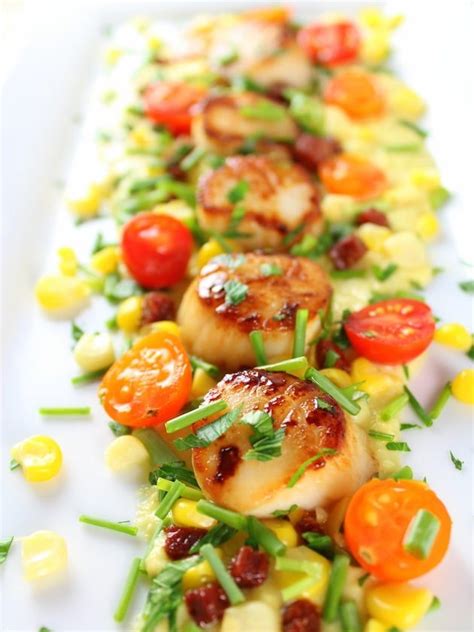 Here, these succulent shellfish are sautéed with cherry tomatoes. Pan-Seared Sea Scallops with Corn Puree Recipe - a ...