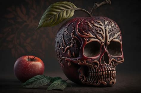 Premium Ai Image Dark Red Apple With Skull Carved Generative Ai