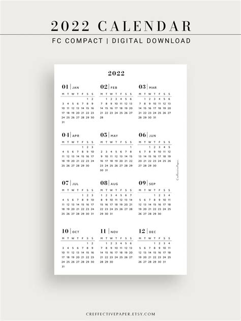 2022 Yearly Calendar Fcc Planner Inserts Printable Template Etsy