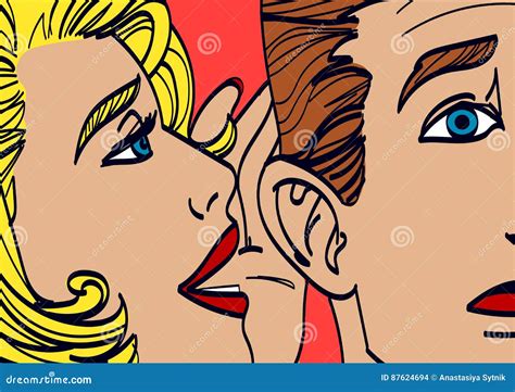 Woman Whispering In Mans Ear Drawing Vector Illustration Colorful Eps
