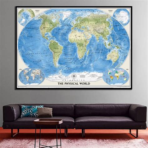 A2 Size The Physical Map Of The World Edition Vinyl Painting Fine