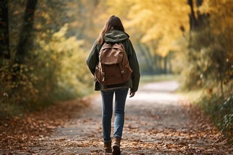 Premium AI Image Woman Walking Down A Road With A Backpack On Her Back