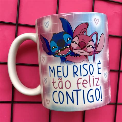 Caneca Dia Dos Namorados Stitch De Porcelana Presente Xicara Copo