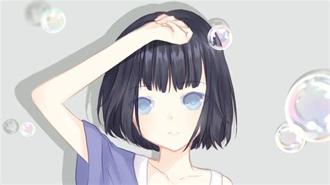 Anime Original Black Hair Blue Eyes Girl Short Hair 1080p