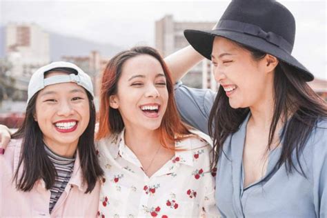 Asian Women Friends Having Fun Outdoor Happy Trendy Girls Laug Sun Education Group