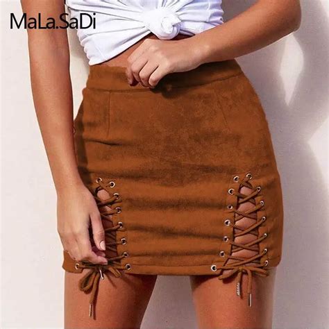 Sex Women Pencil Skirt 2018 Fashion High Waist Bandage Mini Skirts Suede Leather Lace Up Women
