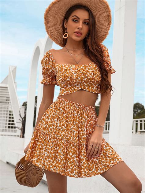 Ruched Bust Ditsy Floral Crop Top And Ruffle Hem Skirt Set In 2022 Ruffle Hem Skirt Floral Crop