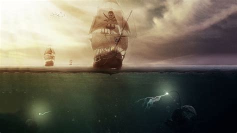 Hd Wallpaper Battle Ships With Fish Under Sea Illustration Artwork