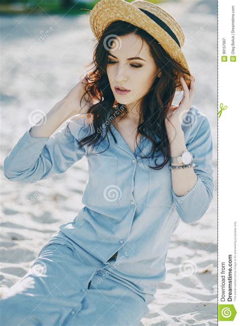 Girl On The Beach Stock Image Image Of Accessories Blue 99157667