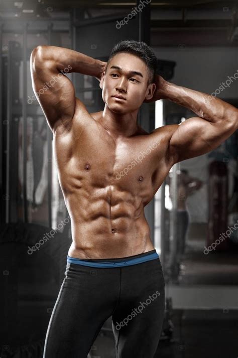 Sexy Asian Muscular Man Posing In Gym Shaped Abdominal Strong Male