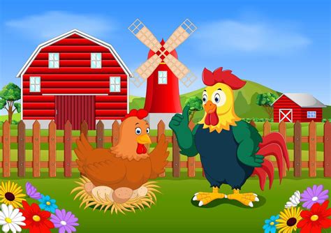 The Red Farm With Two Cocks And Windmill In The Village 13330351 Vector