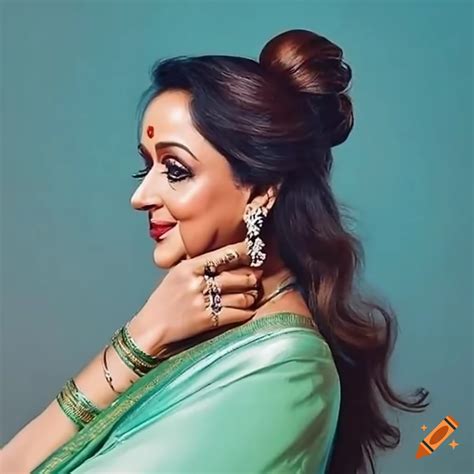 Bollywood Actress Hema Malini With A Beautiful Simple Messy Bun Hairstyle Side View Side Profile