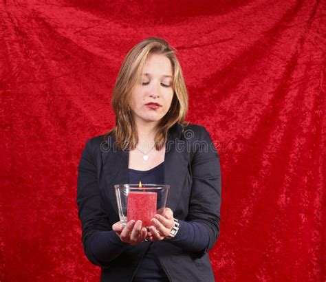 Pretty Woman With Candle In Red Stock Photo Image Of Glass Holidays