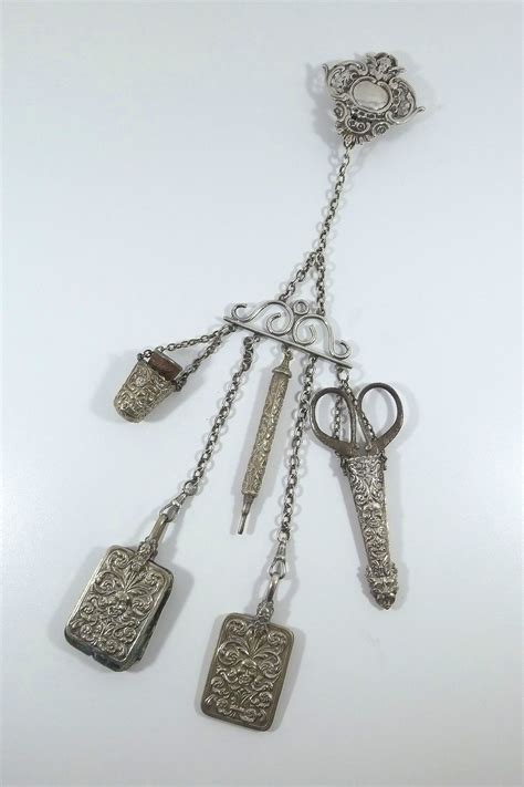 Antique Victorian Silver Plated 5 Chain Sewing Chatelaine C1880