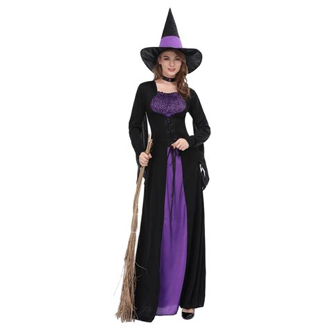 Women Black Purple Witch Dress Sorceress Cosplay Adult Halloween Party