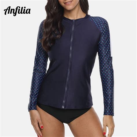 Anfilia Women Long Sleeve Rashguard Shirt Zipper Swimsuit Top Polka Dot