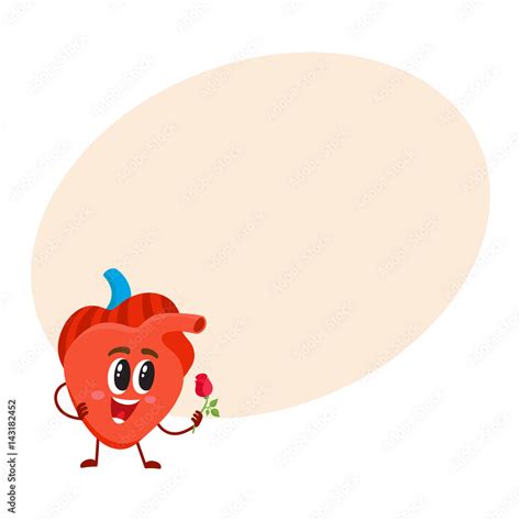 Cute And Funny Smiling Human Heart Character Holding A Rose Cartoon