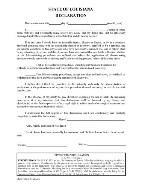 Free Louisiana Advance Directive Form Pdf Eforms