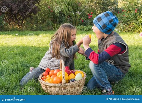 Children Play In The Garden On The Grass Stock Photo Image Of