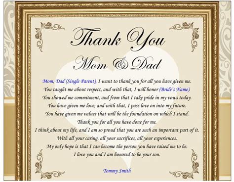 These sample parents thank you templates are best suited for those who want to take a moment in conveying thanks to all those teachers who has convey your regards to your parents, but before that make sure how to make such sample parents thank you templates to give it a touch of perfection Thank You Gifts for the Parents Bride & Groom Mom Dad Frame