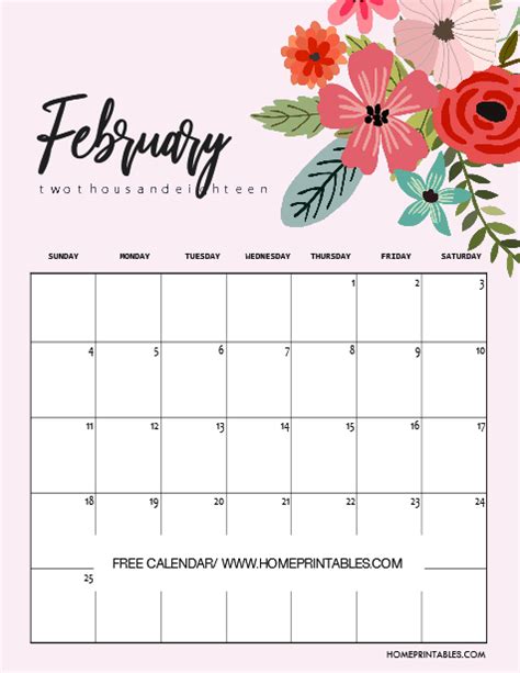 Free February 2018 Calendars Home Printables