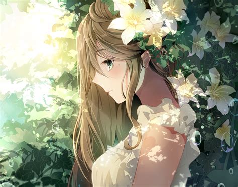 fondos de pantalla ilustración flores pelo largo anime chicas anime morena ojos verdes