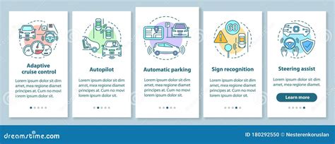 Self Driving Car Features Onboarding Mobile App Page Screen With Linear
