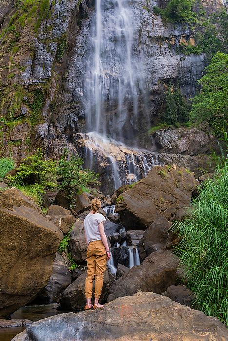 Tourist At Bambarakanda Falls A Waterfall Near Haputale Sri Lanka Hill Country Nuwara Eliya