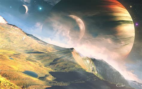 Planets Stars Space Mountains Dream Landscape Wallpaper 1920x1200