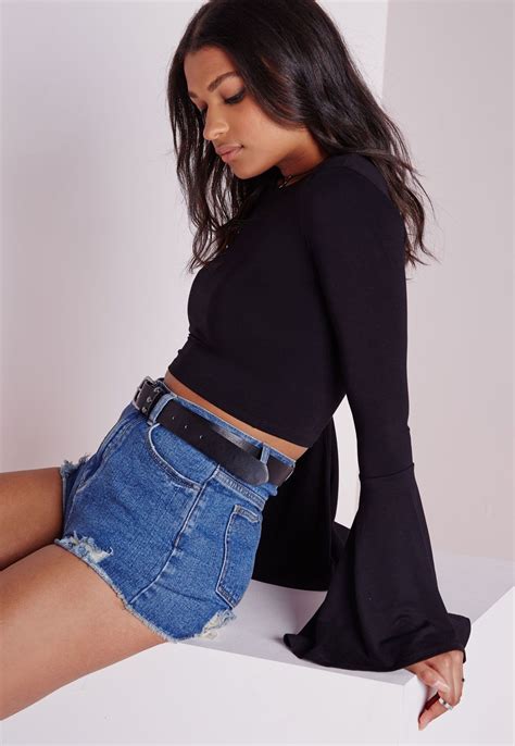 missguided bell sleeve jersey crop top black black crop tops tops clothes