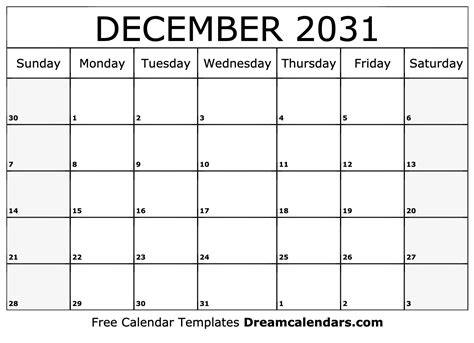 December 2031 Calendar Free Blank Printable With Holidays