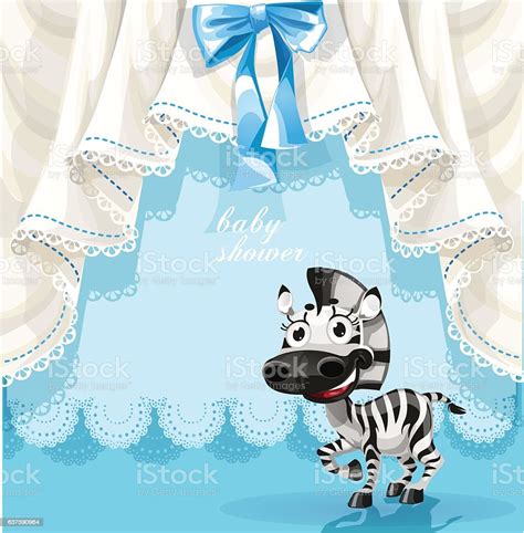Blue Baby Shower Card With Cute Little Baby Zebra Stock Illustration