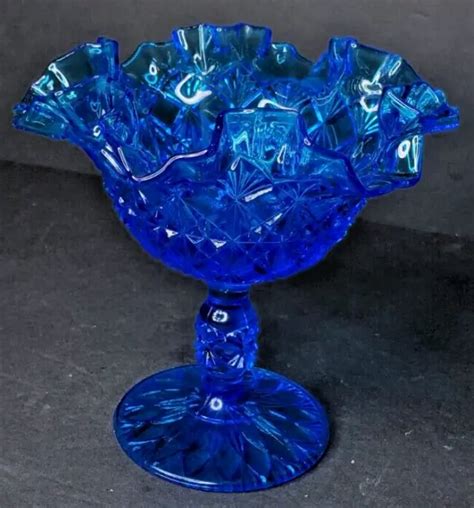Fenton Art Glass Ruffled Diamond Quilted Compote Colonial Blue 15 00 Picclick