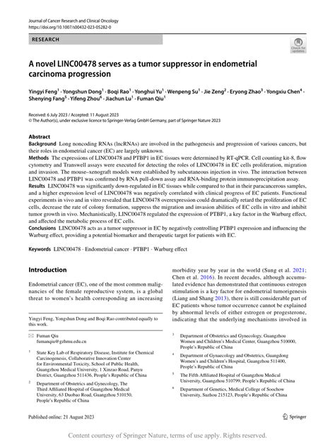 a novel linc00478 serves as a tumor suppressor in endometrial carcinoma progression request pdf