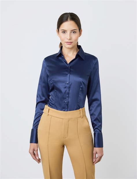 Womens Navy Fitted Satin Shirt Single Cuff Satin Bluse Satinbluse Modestil